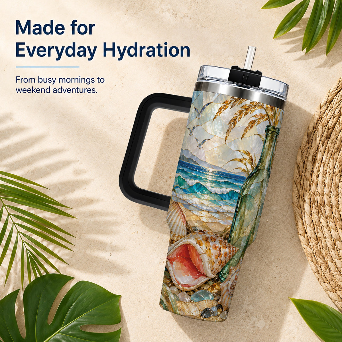 #pl[40oz|Black] Coastal Seashell 40oz Tumbler with Handle, Ocean Mosaic Travel Cup