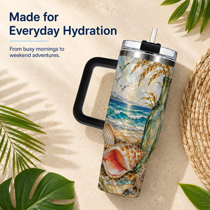 #pl[40oz|Black] Coastal Seashell 40oz Tumbler with Handle, Ocean Mosaic Travel Cup