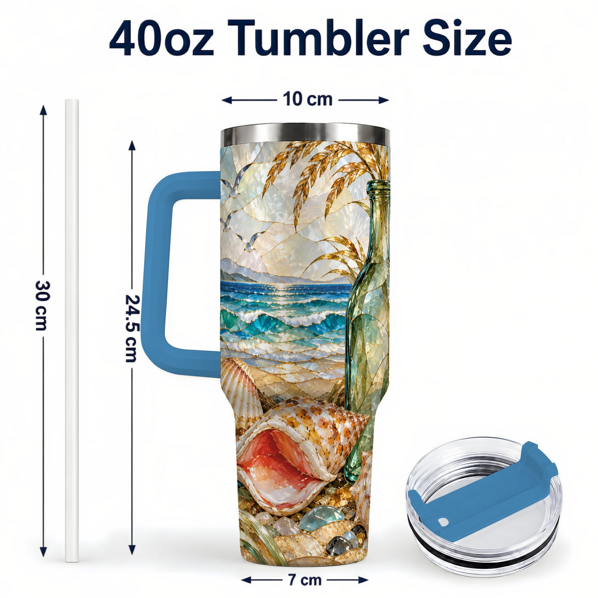 #pl[40oz|Blue] Coastal Seashell 40oz Tumbler with Handle, Ocean Mosaic Travel Cup