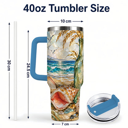 #pl[40oz|Blue] Coastal Seashell 40oz Tumbler with Handle, Ocean Mosaic Travel Cup