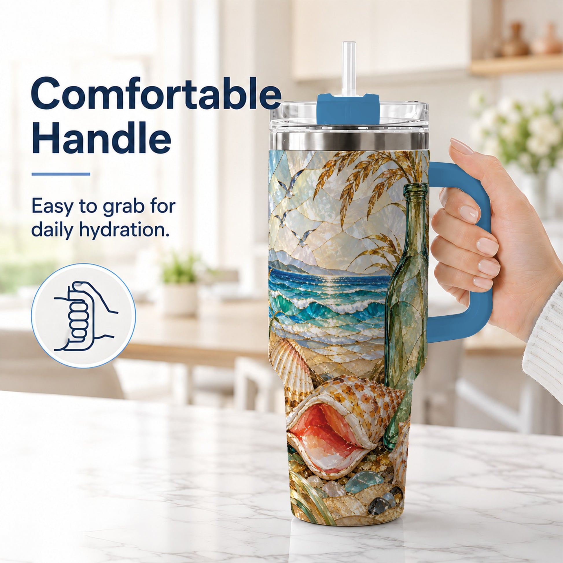 #pl[40oz|Blue] Coastal Seashell 40oz Tumbler with Handle, Ocean Mosaic Travel Cup