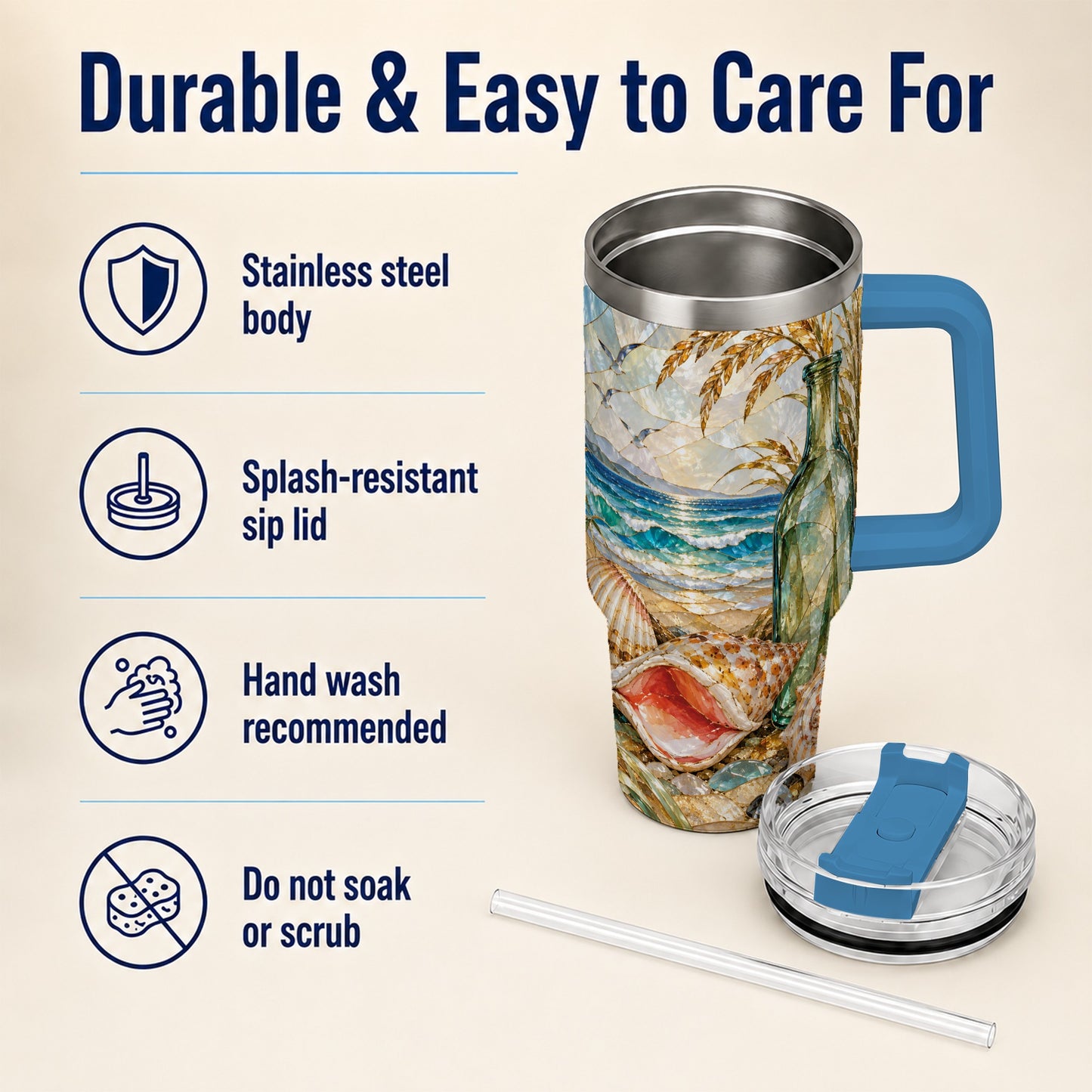 #pl[40oz|Blue] Coastal Seashell 40oz Tumbler with Handle, Ocean Mosaic Travel Cup