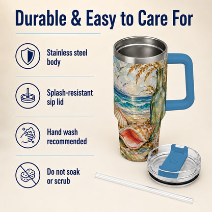 #pl[40oz|Blue] Coastal Seashell 40oz Tumbler with Handle, Ocean Mosaic Travel Cup