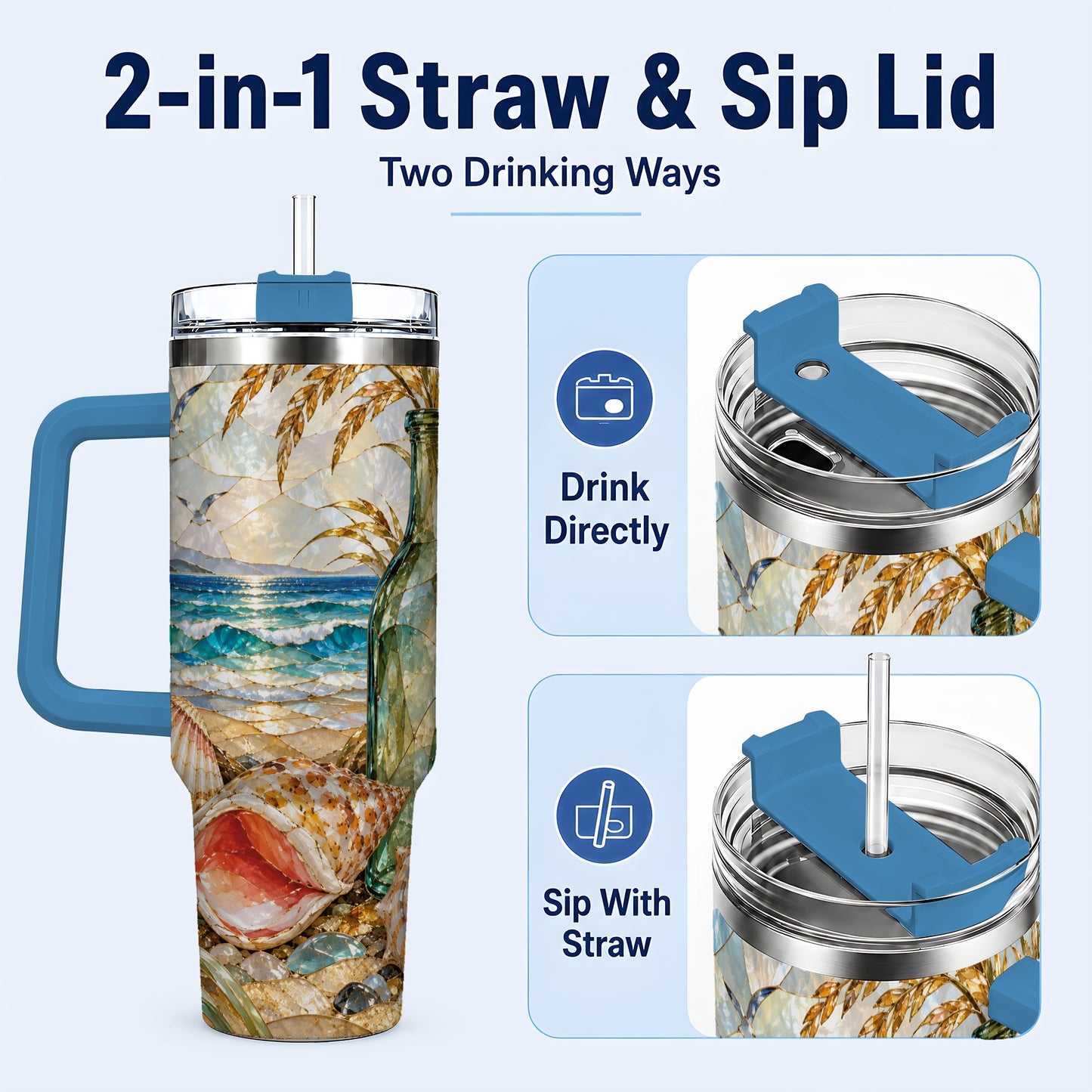 #pl[40oz|Blue] Coastal Seashell 40oz Tumbler with Handle, Ocean Mosaic Travel Cup