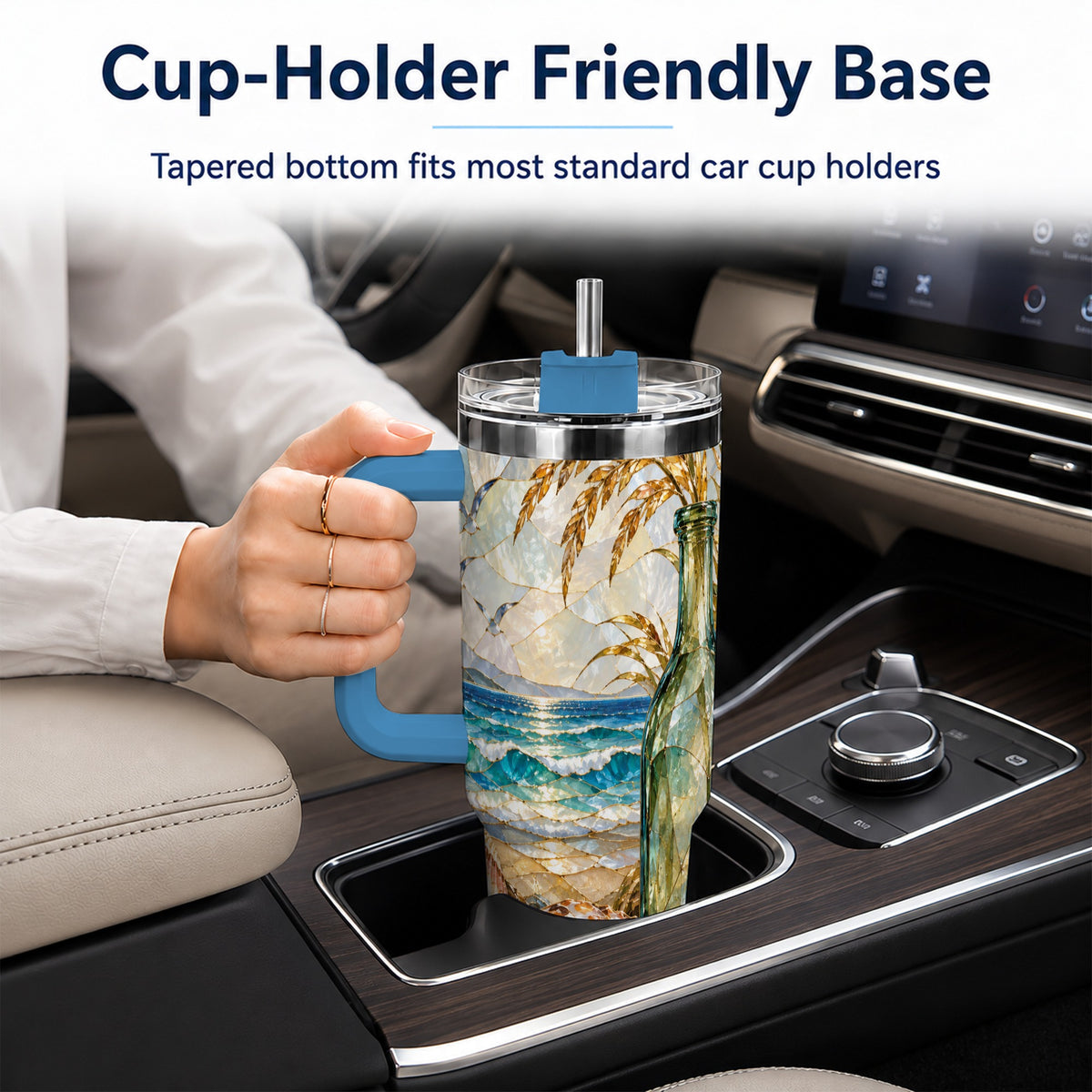 #pl[40oz|Blue] Coastal Seashell 40oz Tumbler with Handle, Ocean Mosaic Travel Cup