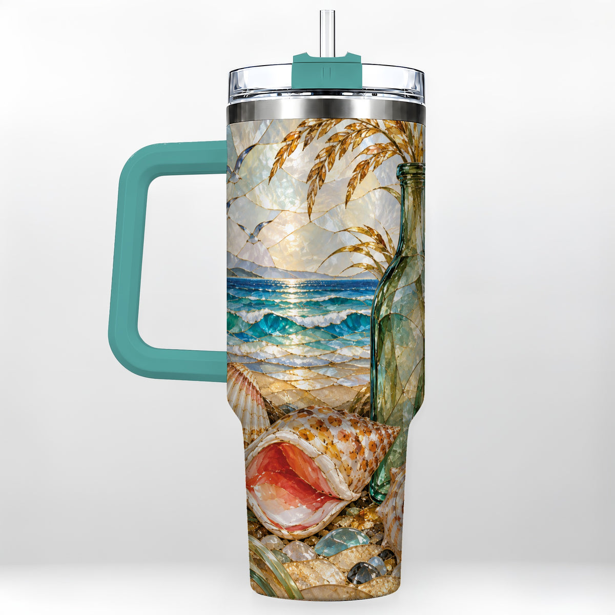 #pl[40oz|Green] Coastal Seashell 40oz Tumbler with Handle, Ocean Mosaic Travel Cup