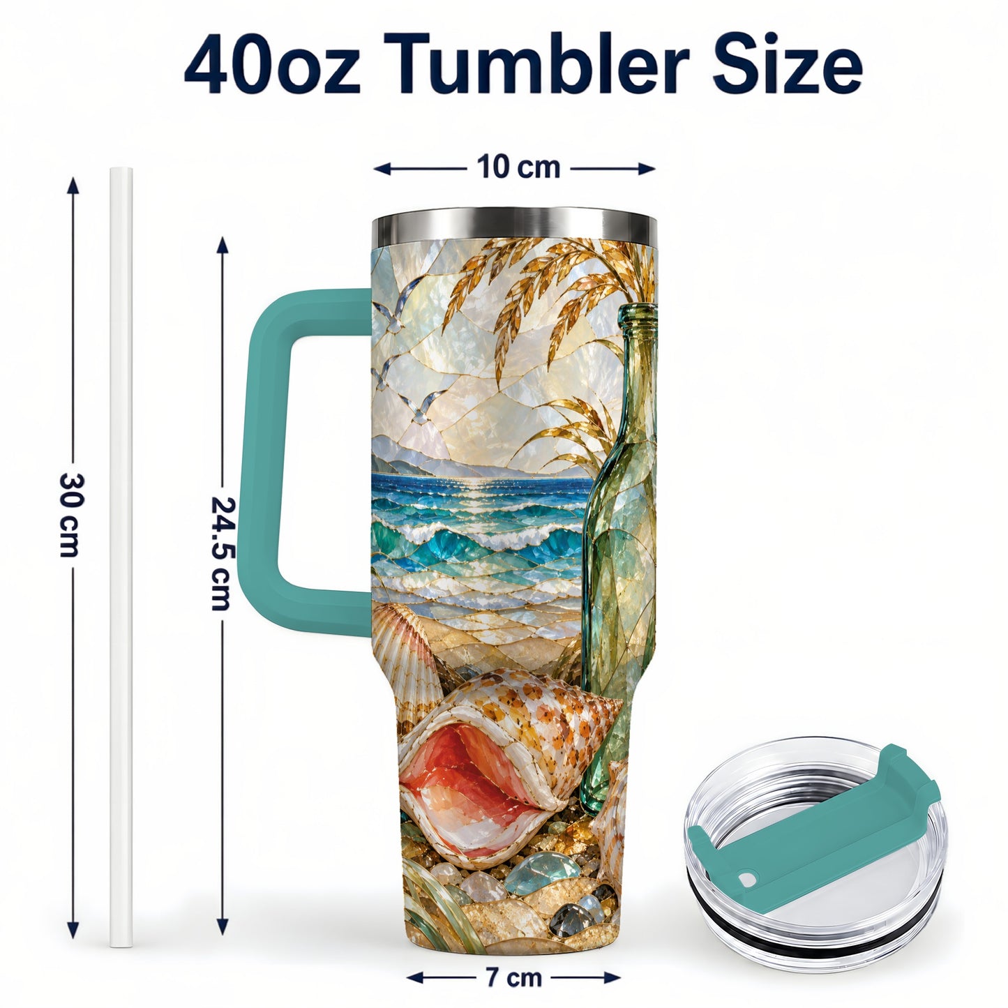 #pl[40oz|Green] Coastal Seashell 40oz Tumbler with Handle, Ocean Mosaic Travel Cup