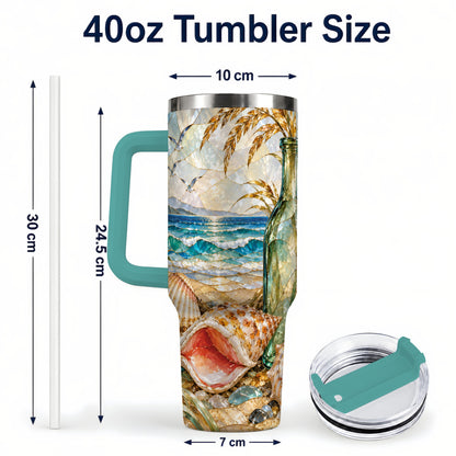 #pl[40oz|Green] Coastal Seashell 40oz Tumbler with Handle, Ocean Mosaic Travel Cup
