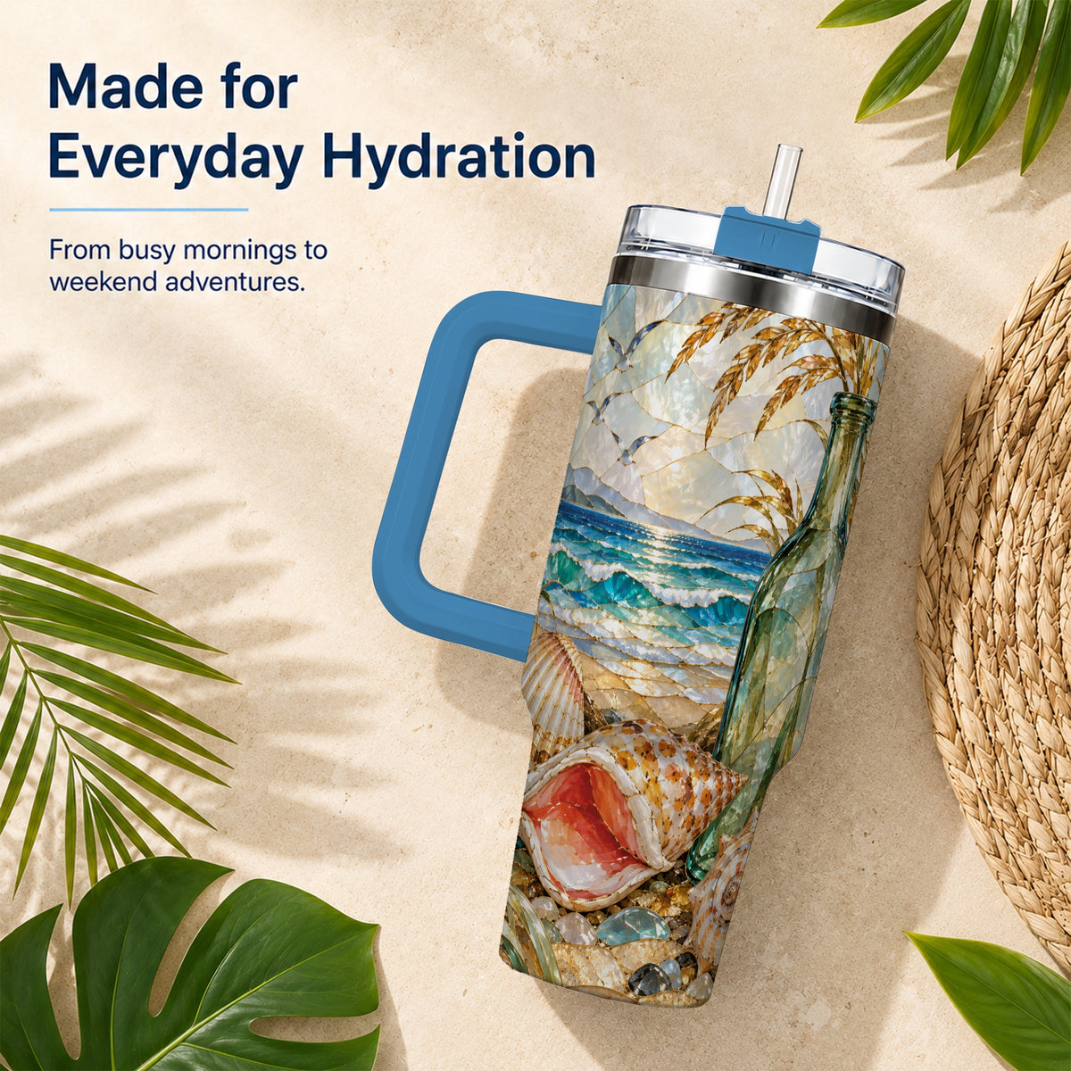 #pl[40oz|Blue] Coastal Seashell 40oz Tumbler with Handle, Ocean Mosaic Travel Cup
