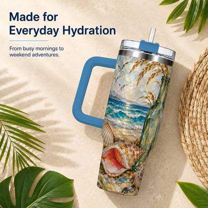 #pl[40oz|Blue] Coastal Seashell 40oz Tumbler with Handle, Ocean Mosaic Travel Cup
