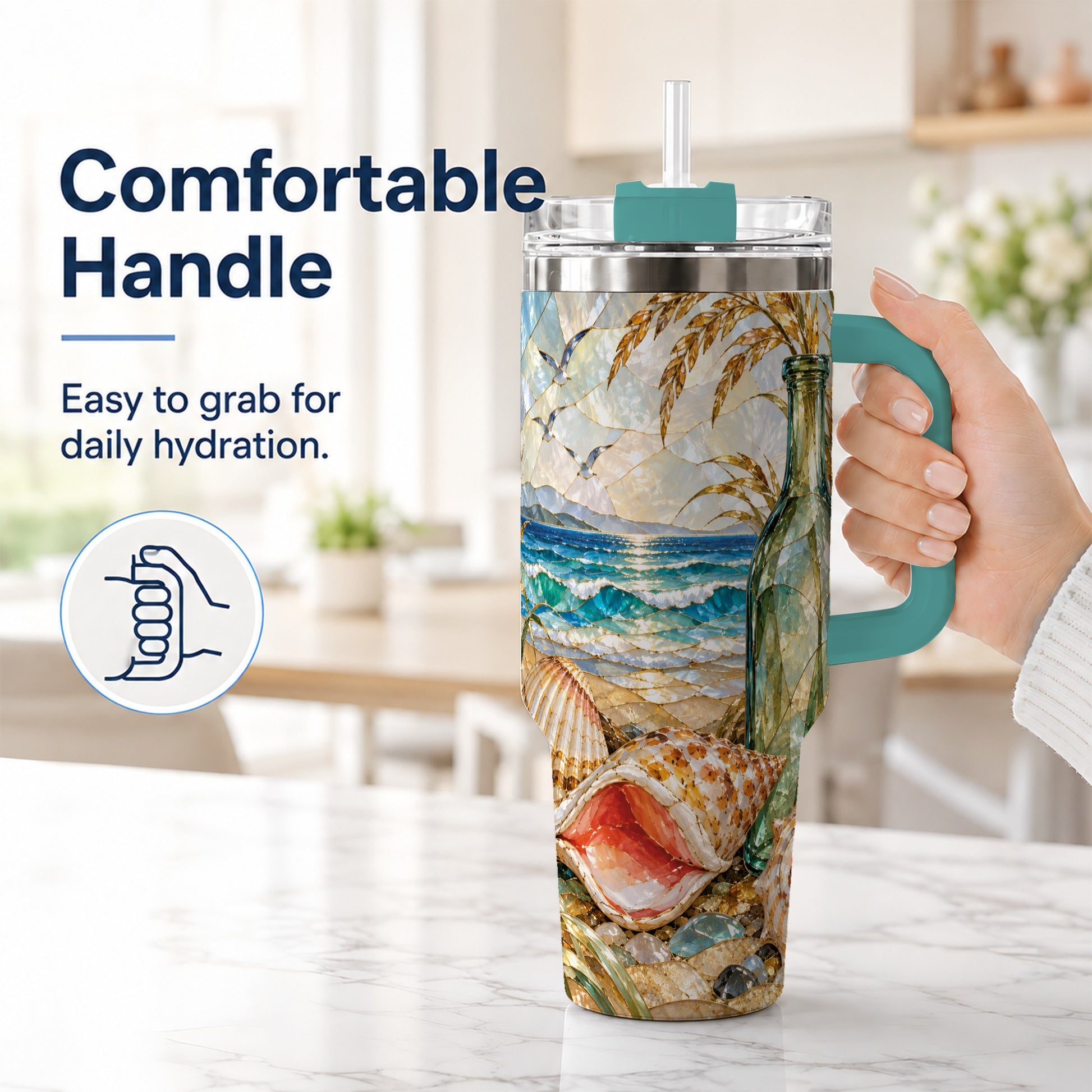 #pl[40oz|Green] Coastal Seashell 40oz Tumbler with Handle, Ocean Mosaic Travel Cup