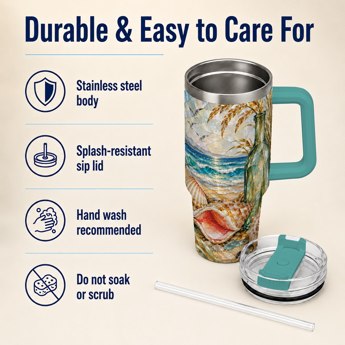 #pl[40oz|Green] Coastal Seashell 40oz Tumbler with Handle, Ocean Mosaic Travel Cup