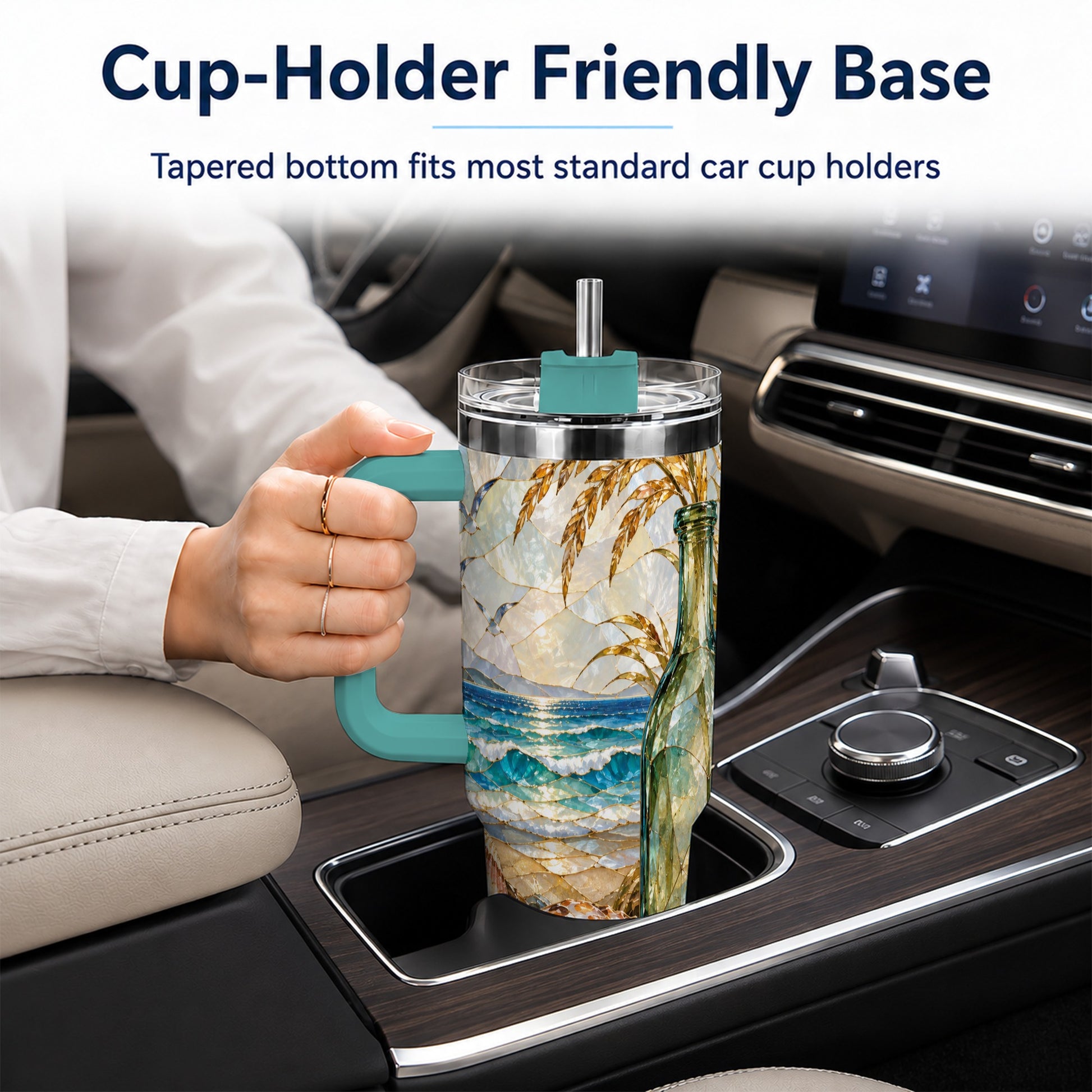 #pl[40oz|Green] Coastal Seashell 40oz Tumbler with Handle, Ocean Mosaic Travel Cup