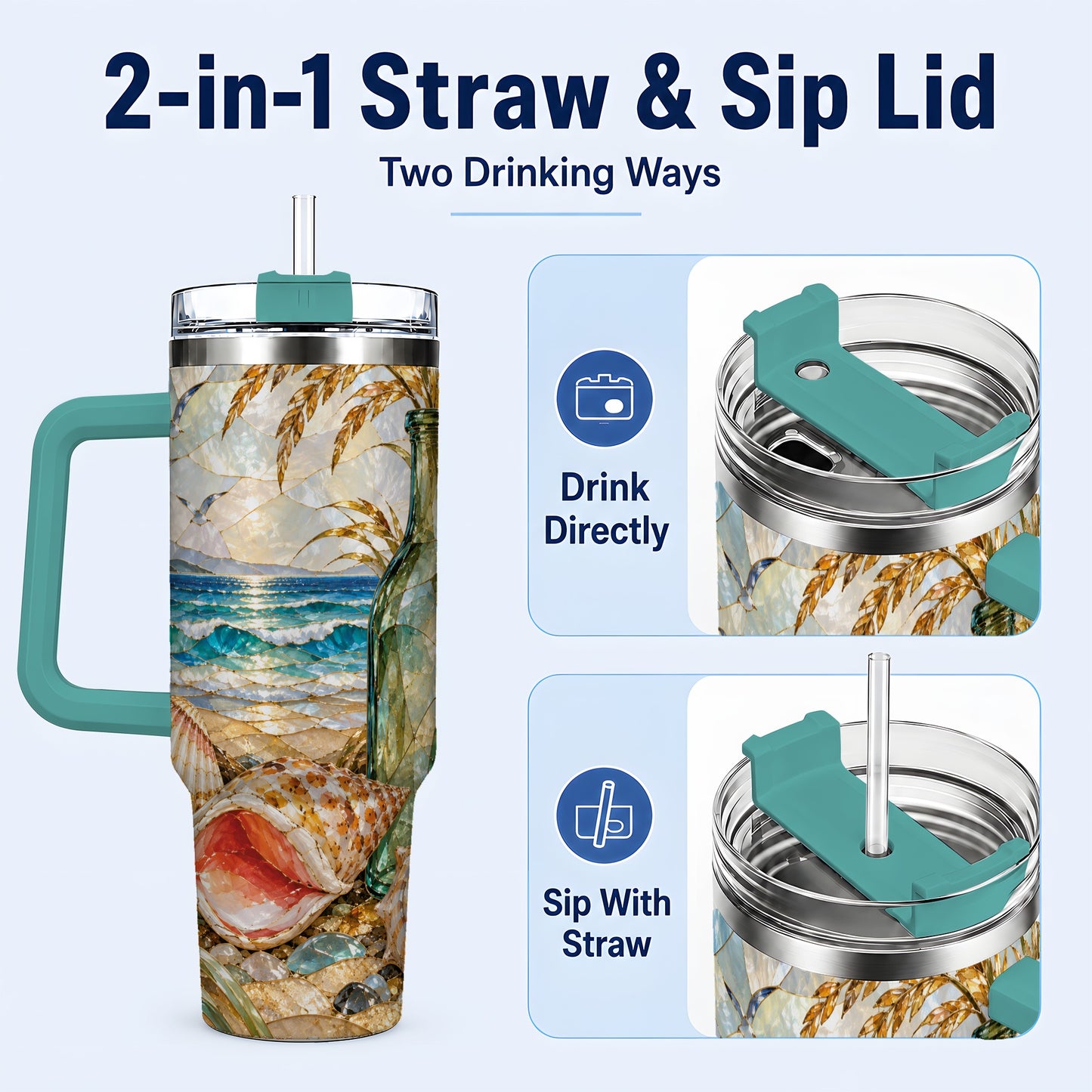 #pl[40oz|Green] Coastal Seashell 40oz Tumbler with Handle, Ocean Mosaic Travel Cup