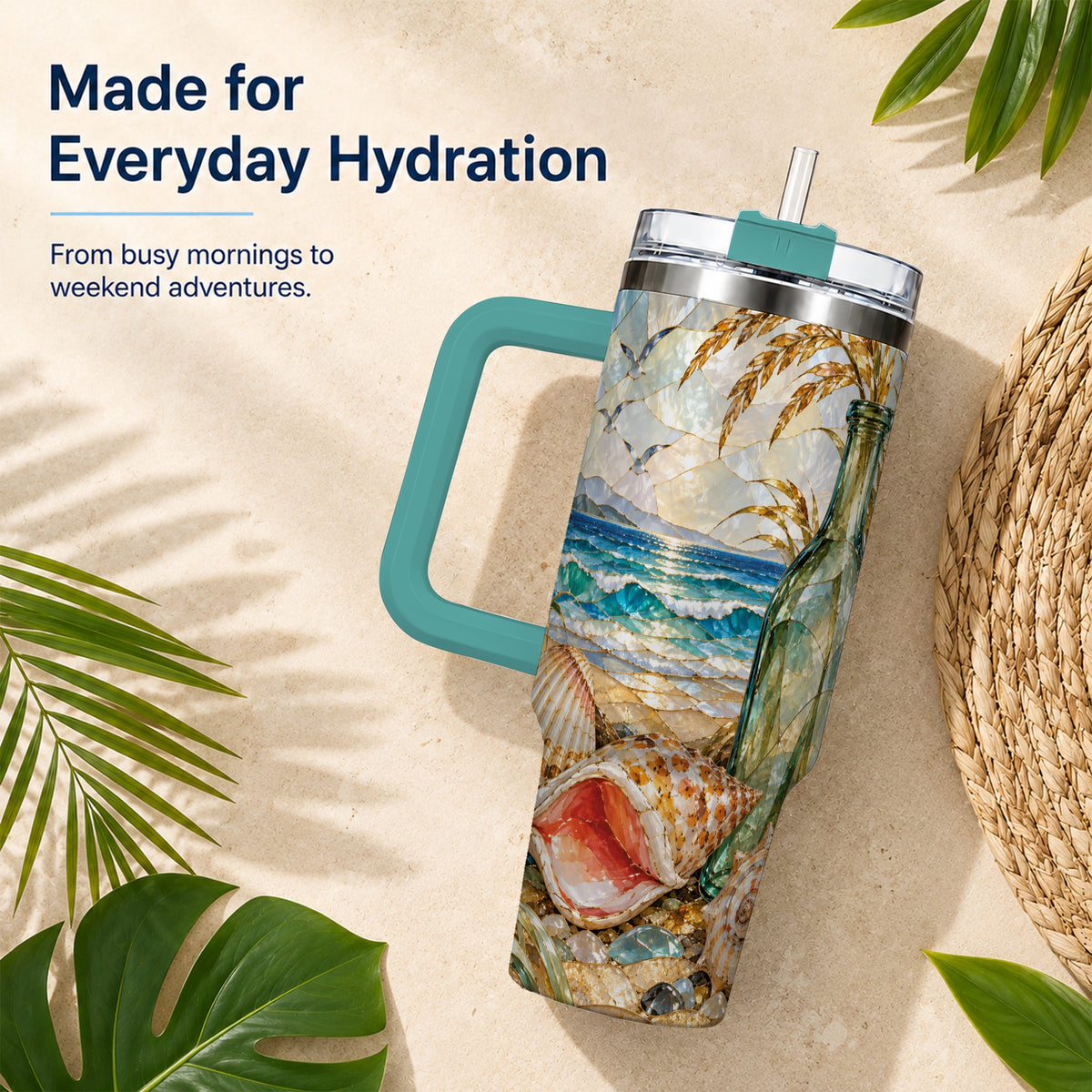 #pl[40oz|Green] Coastal Seashell 40oz Tumbler with Handle, Ocean Mosaic Travel Cup