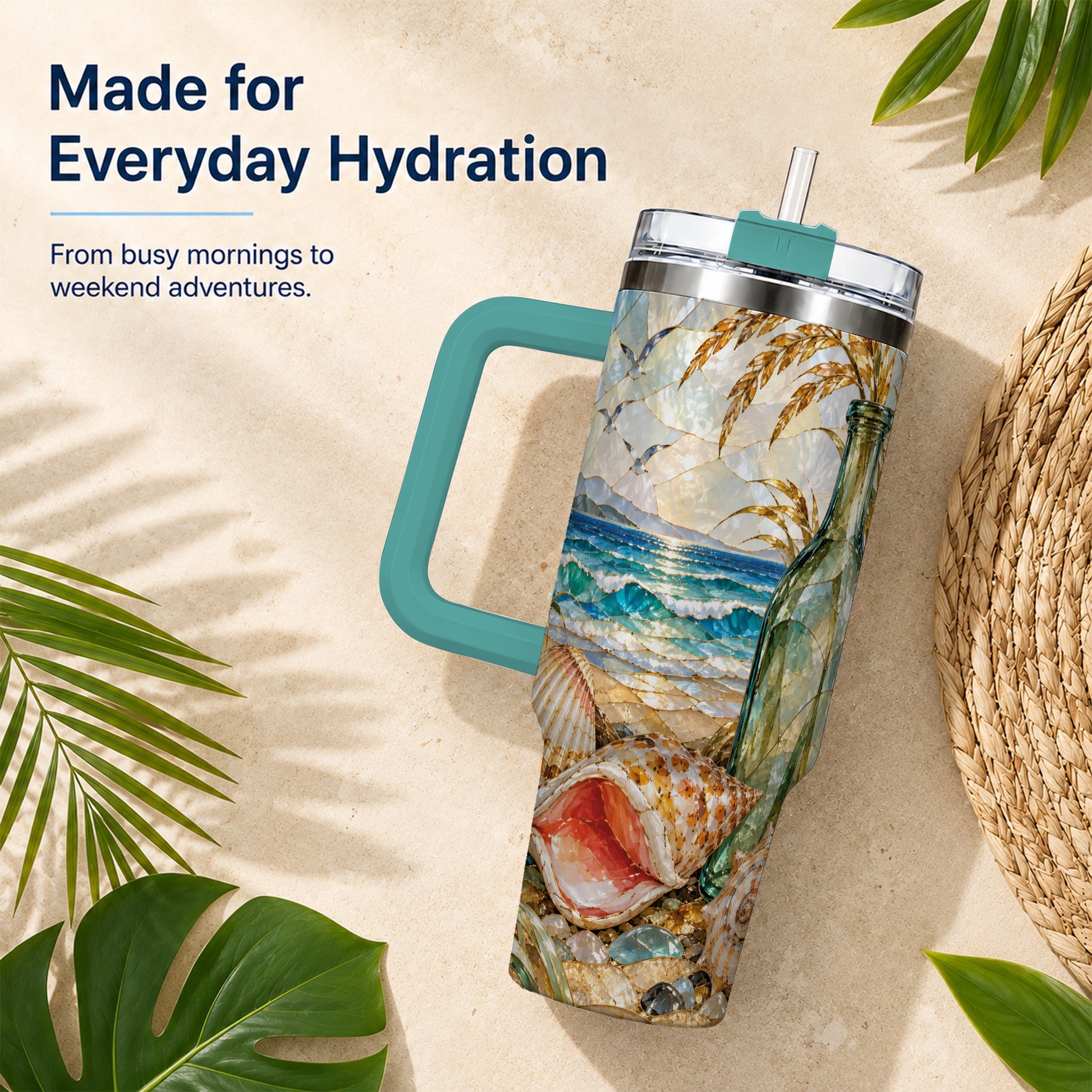 #pl[40oz|Green] Coastal Seashell 40oz Tumbler with Handle, Ocean Mosaic Travel Cup