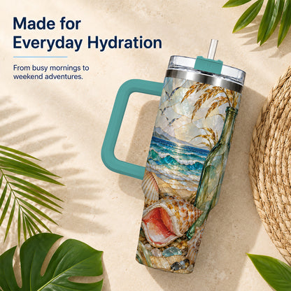 #pl[40oz|Green] Coastal Seashell 40oz Tumbler with Handle, Ocean Mosaic Travel Cup