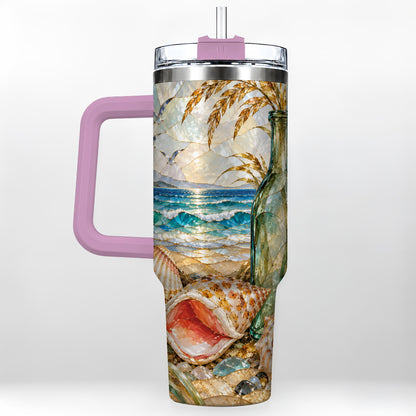 #pl[40oz|Pink] Coastal Seashell 40oz Tumbler with Handle, Ocean Mosaic Travel Cup