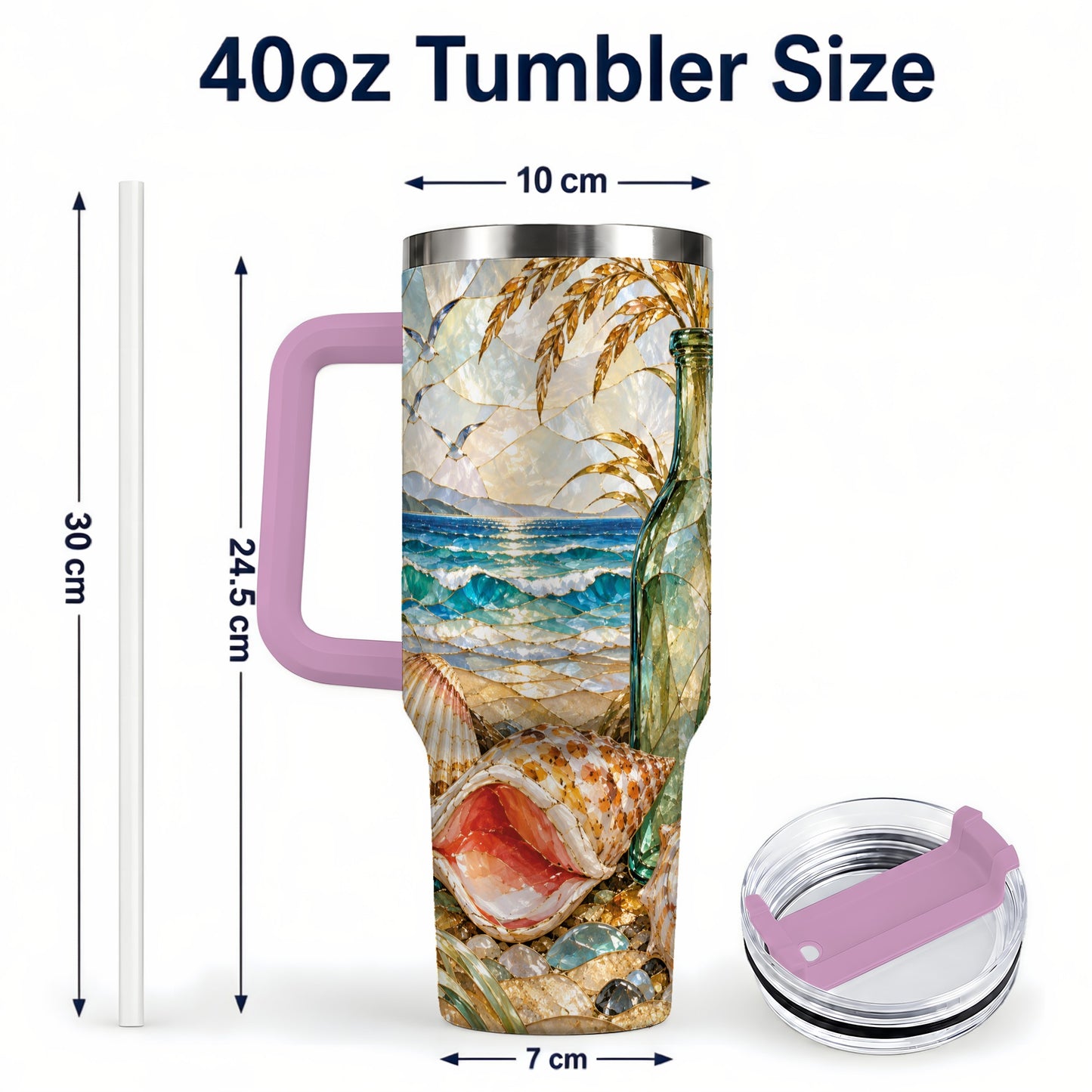#pl[40oz|Pink] Coastal Seashell 40oz Tumbler with Handle, Ocean Mosaic Travel Cup