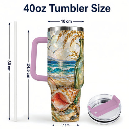 #pl[40oz|Pink] Coastal Seashell 40oz Tumbler with Handle, Ocean Mosaic Travel Cup