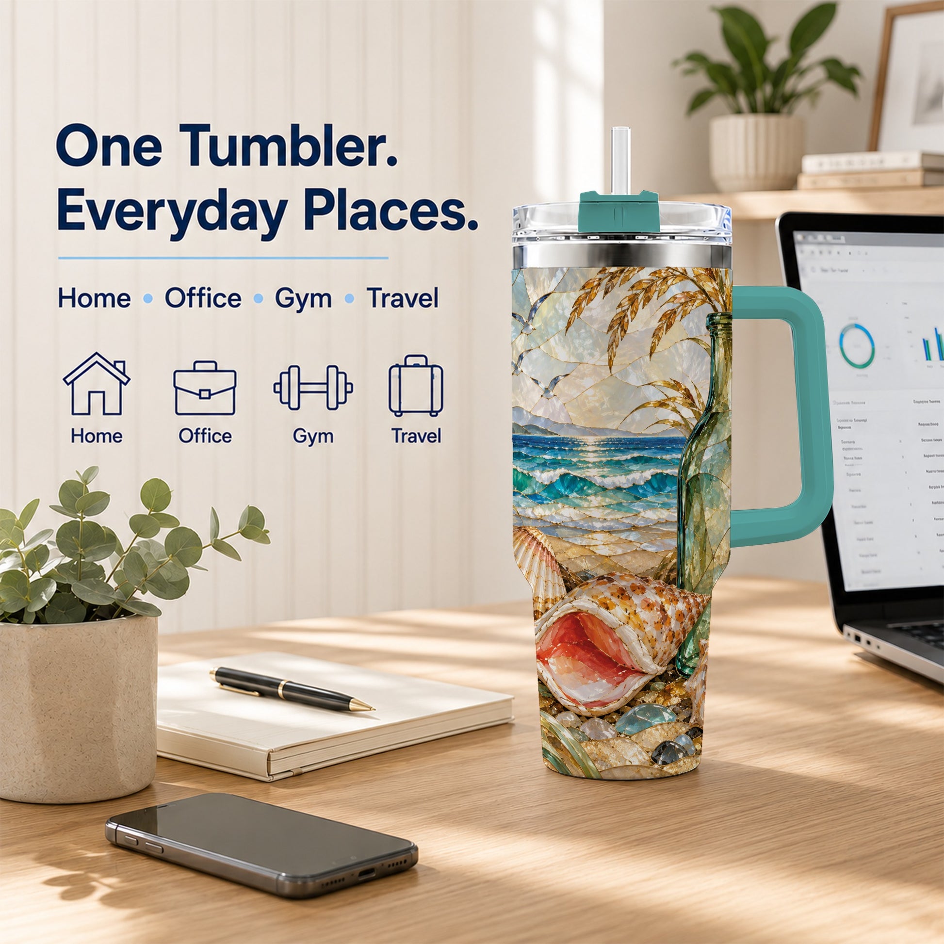 #pl[40oz|Green] Coastal Seashell 40oz Tumbler with Handle, Ocean Mosaic Travel Cup