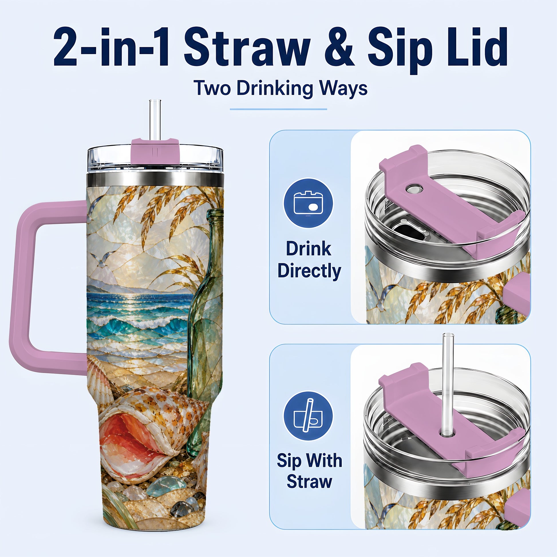 #pl[40oz|Pink] Coastal Seashell 40oz Tumbler with Handle, Ocean Mosaic Travel Cup