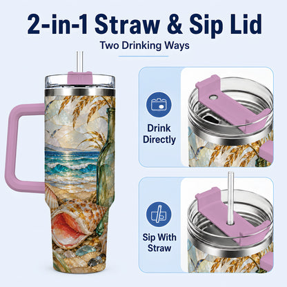 #pl[40oz|Pink] Coastal Seashell 40oz Tumbler with Handle, Ocean Mosaic Travel Cup
