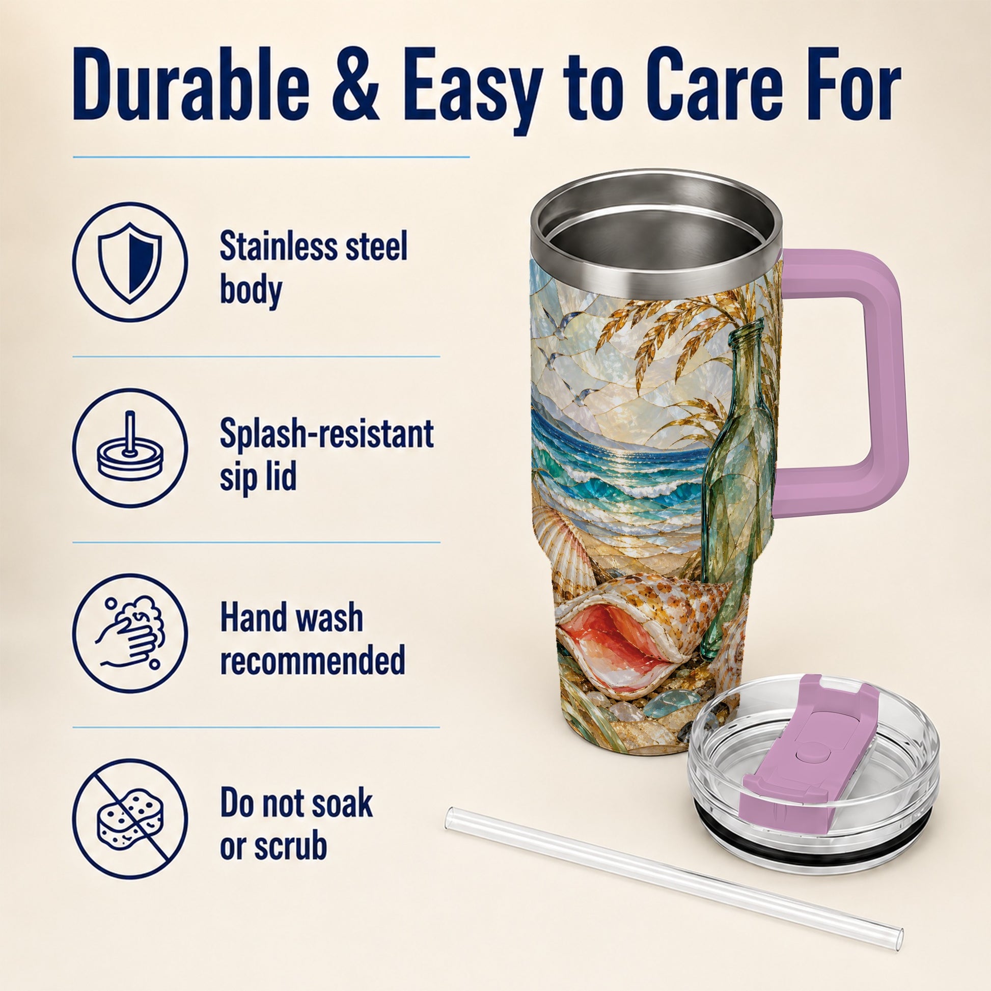 #pl[40oz|Pink] Coastal Seashell 40oz Tumbler with Handle, Ocean Mosaic Travel Cup