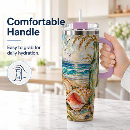 #pl[40oz|Pink] Coastal Seashell 40oz Tumbler with Handle, Ocean Mosaic Travel Cup