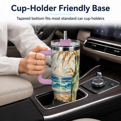 #pl[40oz|Pink] Coastal Seashell 40oz Tumbler with Handle, Ocean Mosaic Travel Cup