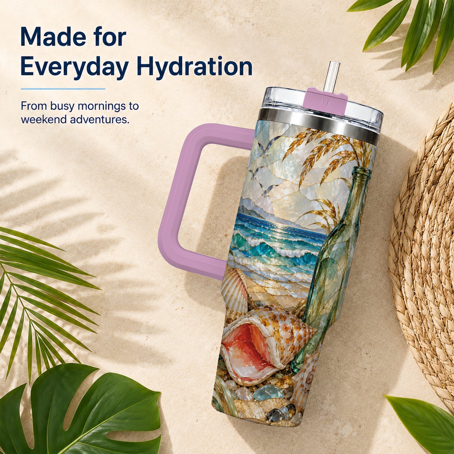 #pl[40oz|Pink] Coastal Seashell 40oz Tumbler with Handle, Ocean Mosaic Travel Cup