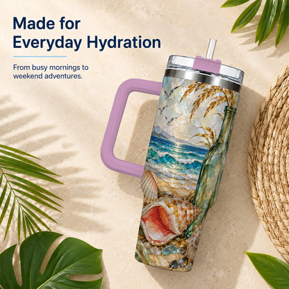 #pl[40oz|Pink] Coastal Seashell 40oz Tumbler with Handle, Ocean Mosaic Travel Cup