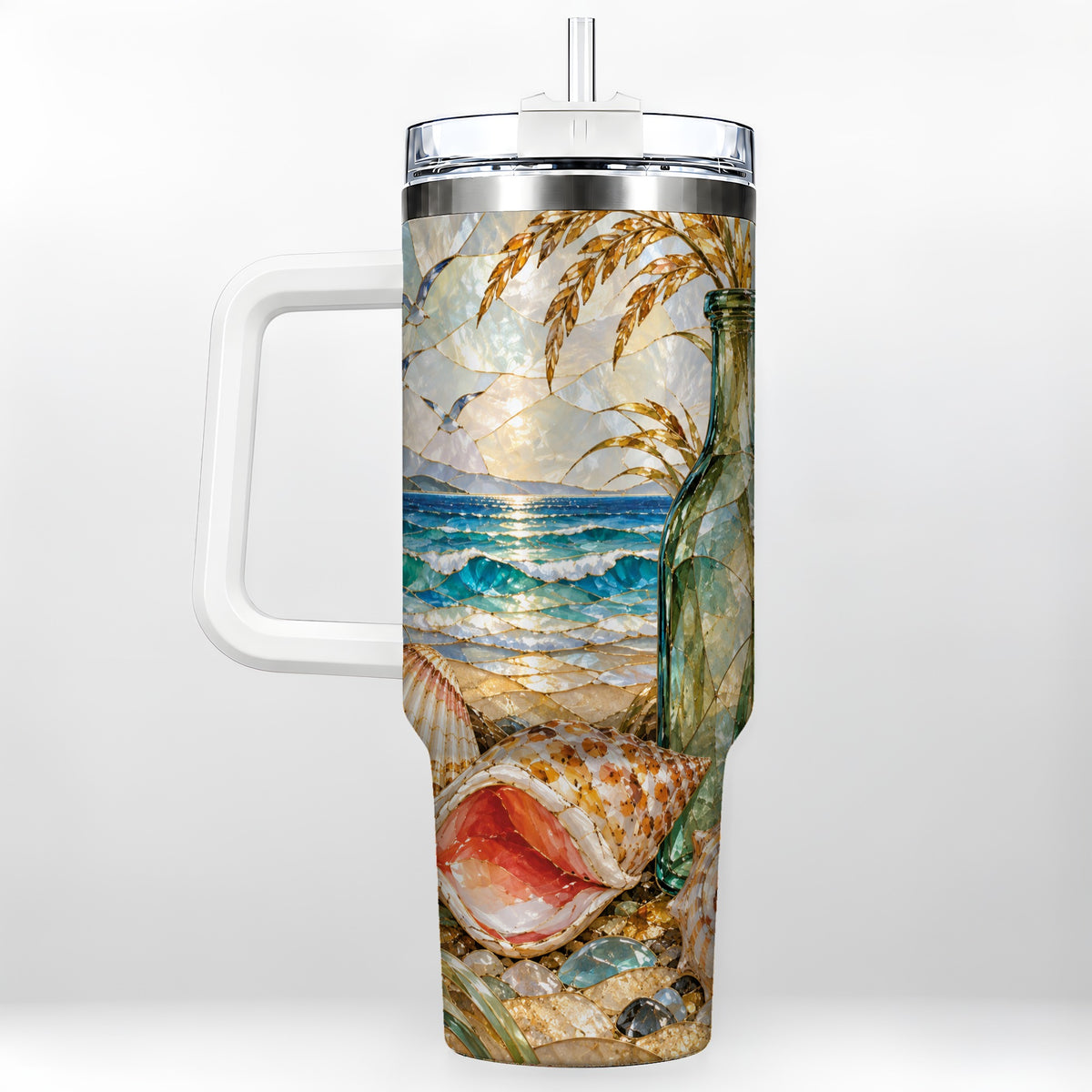 Coastal Seashell 40oz Tumbler with Handle, Ocean Mosaic Travel Cup