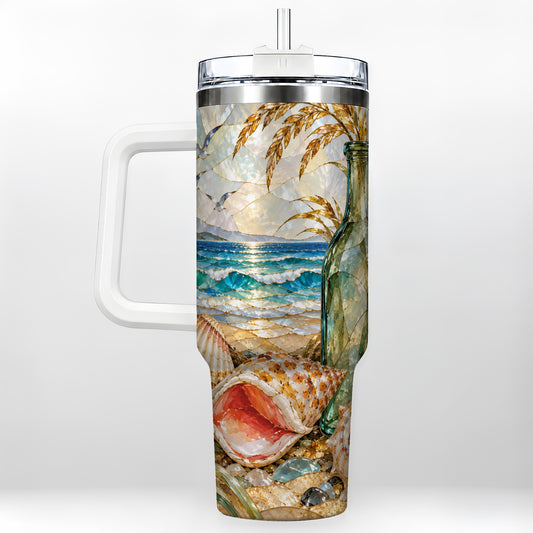 Coastal Seashell 40oz Tumbler with Handle, Ocean Mosaic Travel Cup