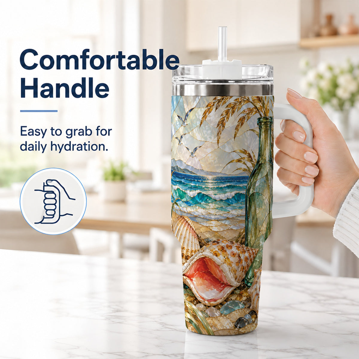 #pl[40oz|White] Coastal Seashell 40oz Tumbler with Handle, Ocean Mosaic Travel Cup