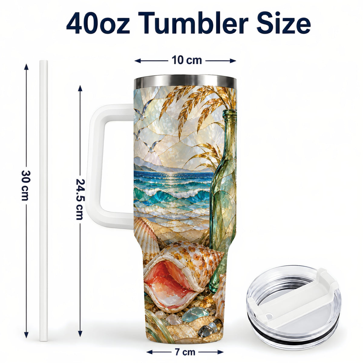 #pl[40oz|White] Coastal Seashell 40oz Tumbler with Handle, Ocean Mosaic Travel Cup