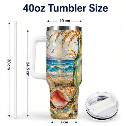 #pl[40oz|White] Coastal Seashell 40oz Tumbler with Handle, Ocean Mosaic Travel Cup