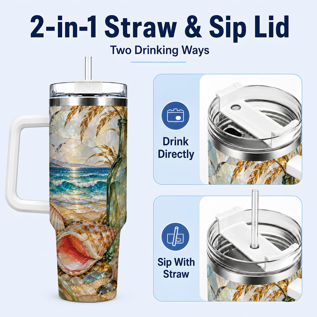 #pl[40oz|White] Coastal Seashell 40oz Tumbler with Handle, Ocean Mosaic Travel Cup