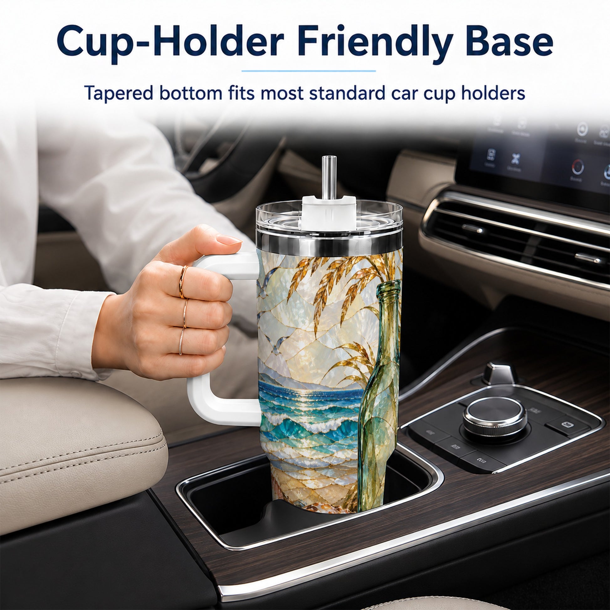 #pl[40oz|White] Coastal Seashell 40oz Tumbler with Handle, Ocean Mosaic Travel Cup