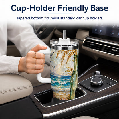 #pl[40oz|White] Coastal Seashell 40oz Tumbler with Handle, Ocean Mosaic Travel Cup