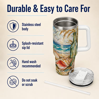 #pl[40oz|White] Coastal Seashell 40oz Tumbler with Handle, Ocean Mosaic Travel Cup