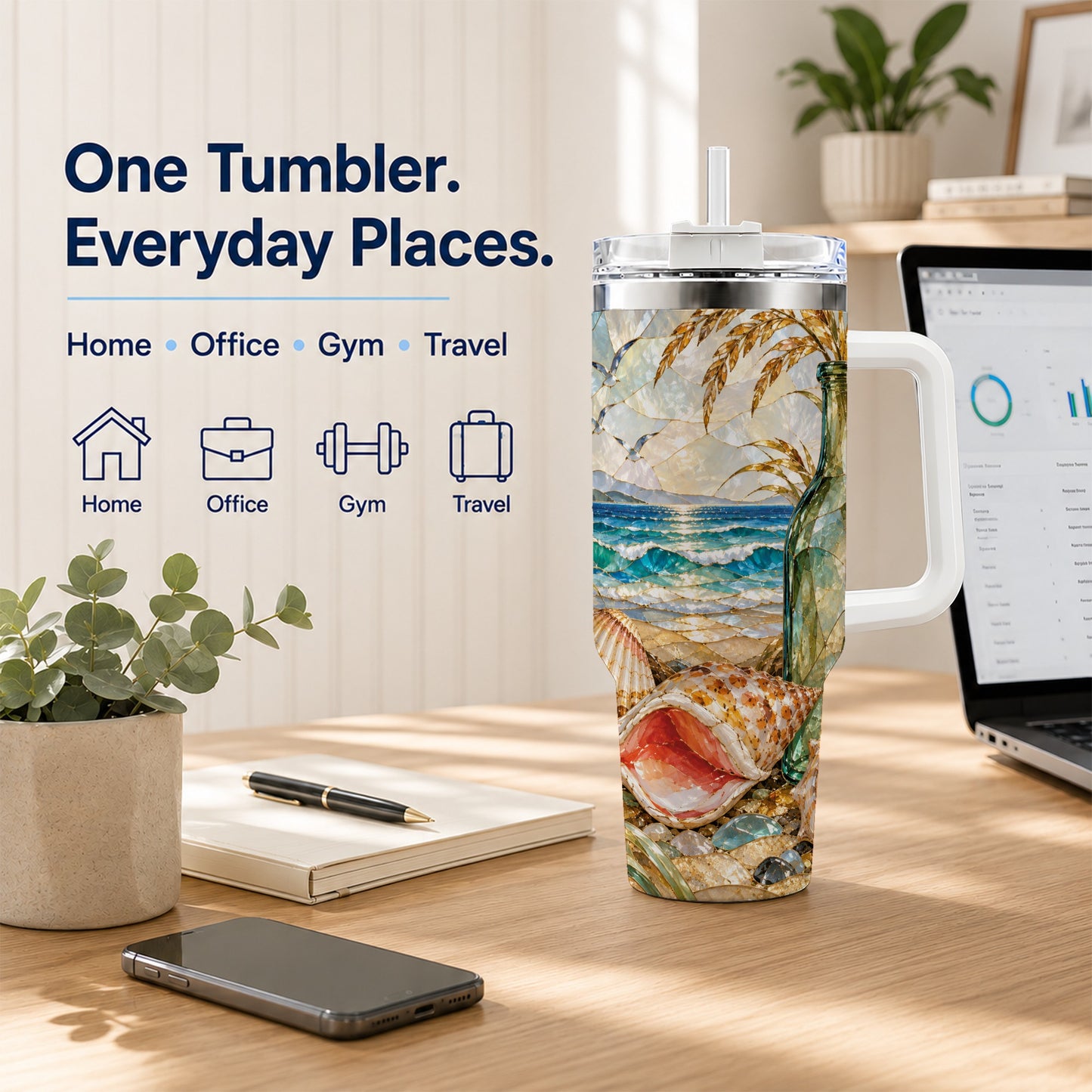 #pl[40oz|White] Coastal Seashell 40oz Tumbler with Handle, Ocean Mosaic Travel Cup