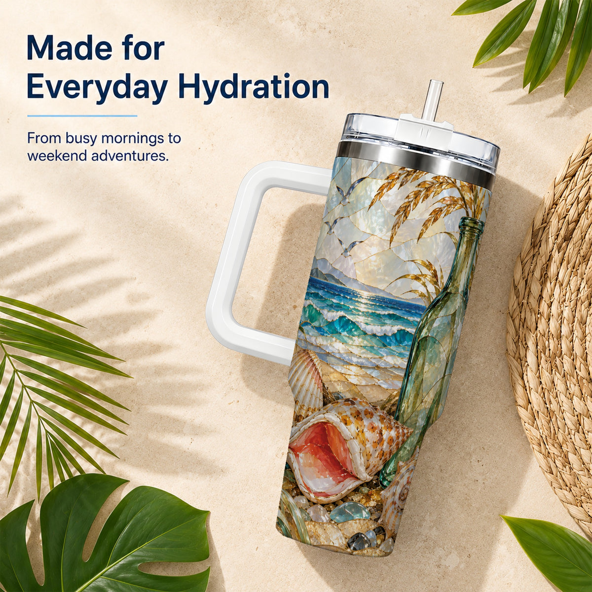 #pl[40oz|White] Coastal Seashell 40oz Tumbler with Handle, Ocean Mosaic Travel Cup