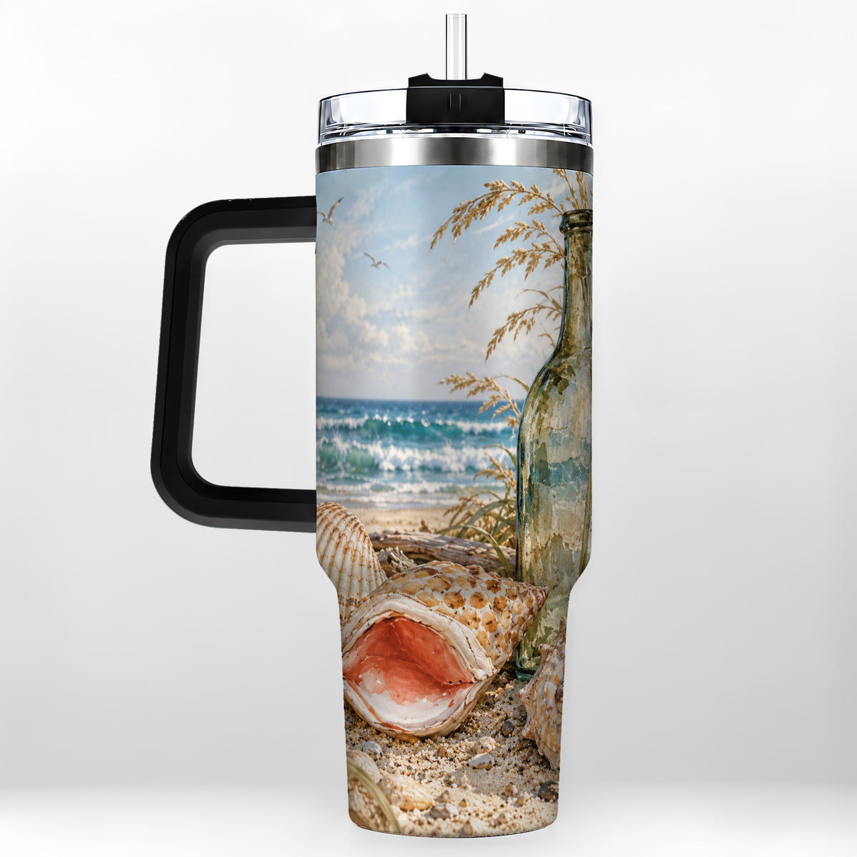 #pl[40oz|Black] Beach Seashell 40oz Tumbler with Handle, Coastal Ocean Travel Cup