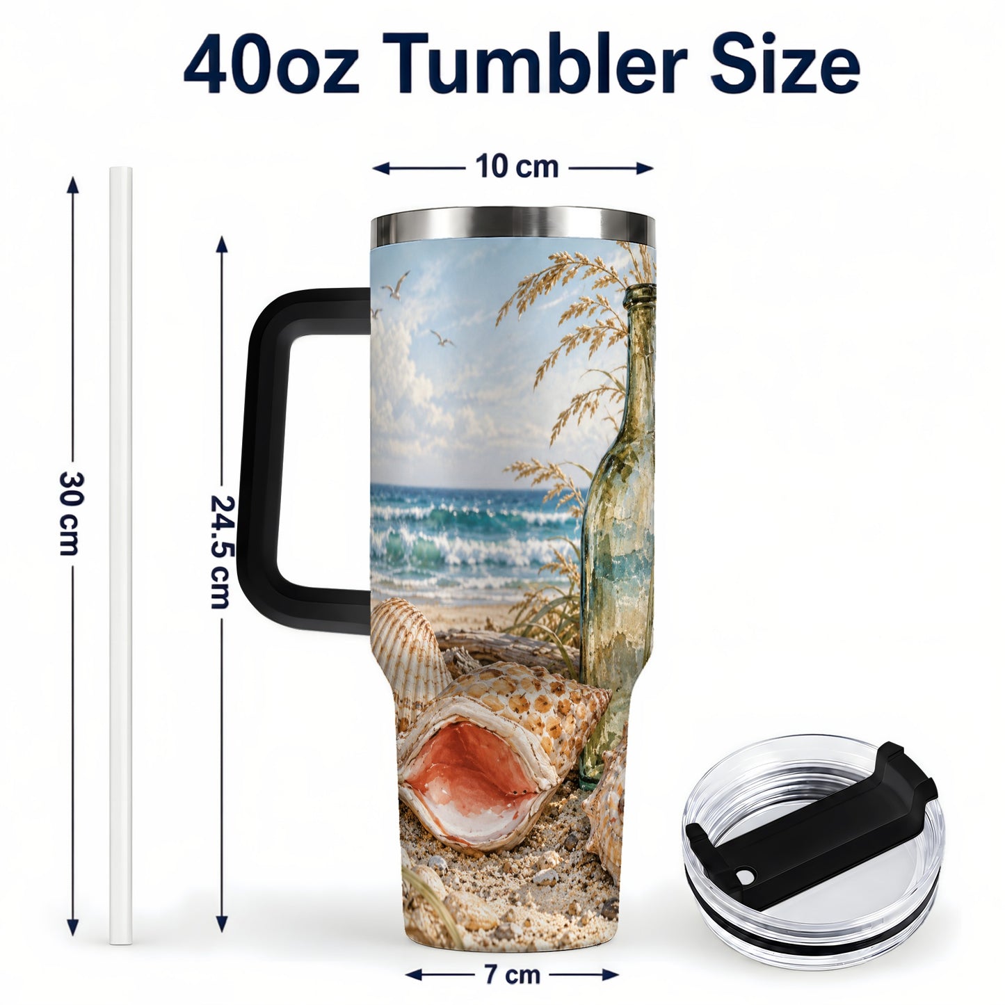 #pl[40oz|Black] Beach Seashell 40oz Tumbler with Handle, Coastal Ocean Travel Cup