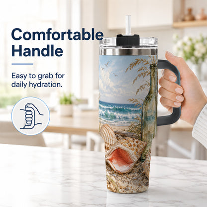 #pl[40oz|Black] Beach Seashell 40oz Tumbler with Handle, Coastal Ocean Travel Cup