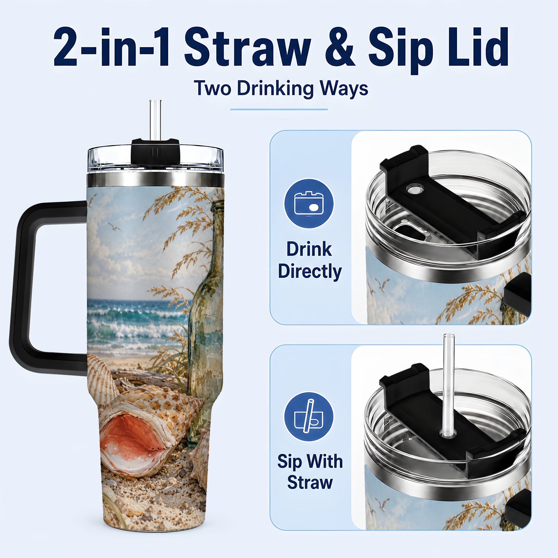 #pl[40oz|Black] Beach Seashell 40oz Tumbler with Handle, Coastal Ocean Travel Cup
