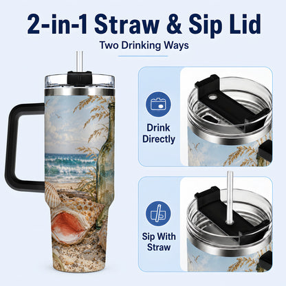 #pl[40oz|Black] Beach Seashell 40oz Tumbler with Handle, Coastal Ocean Travel Cup