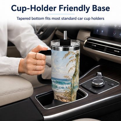 #pl[40oz|Black] Beach Seashell 40oz Tumbler with Handle, Coastal Ocean Travel Cup