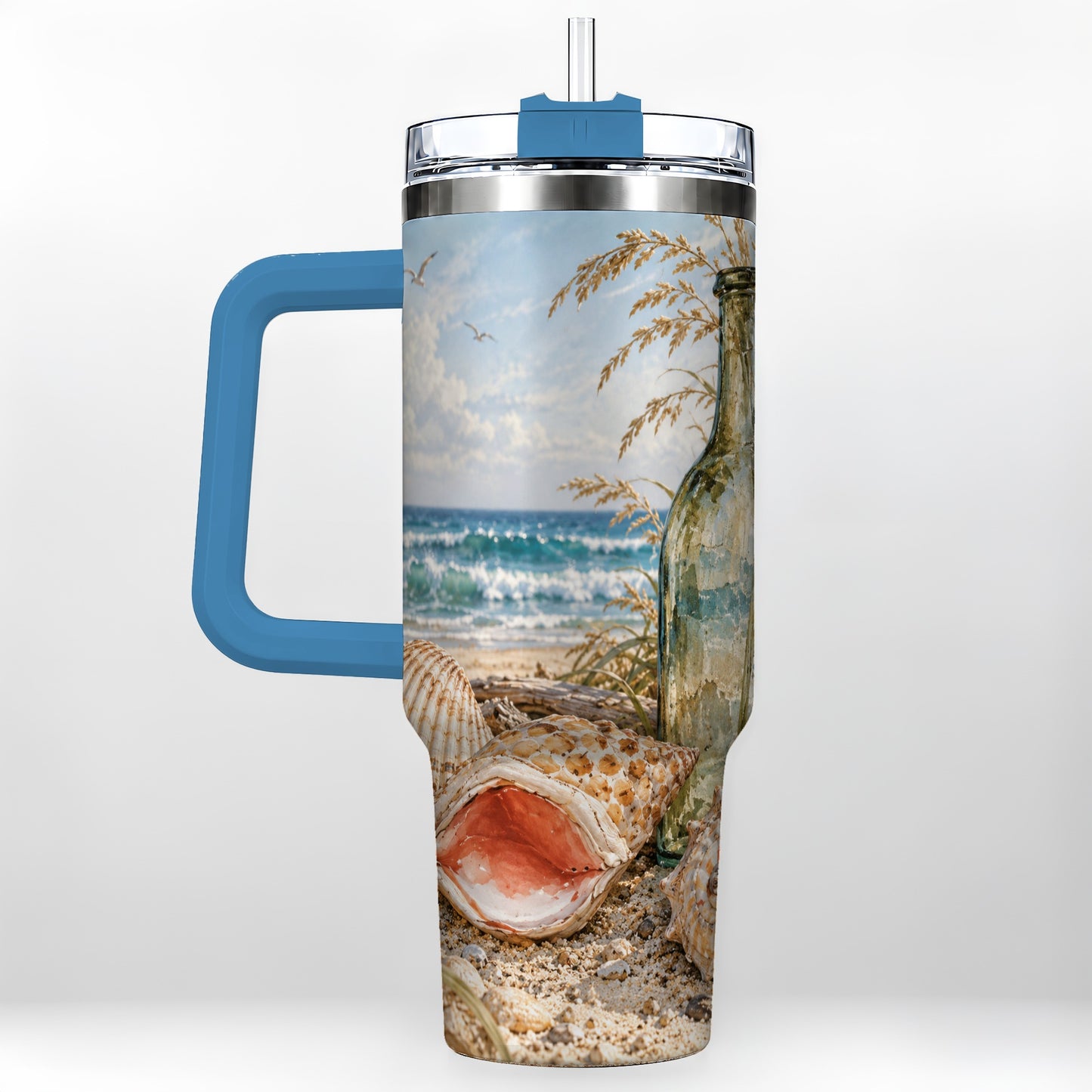 #pl[40oz|Blue] Beach Seashell 40oz Tumbler with Handle, Coastal Ocean Travel Cup